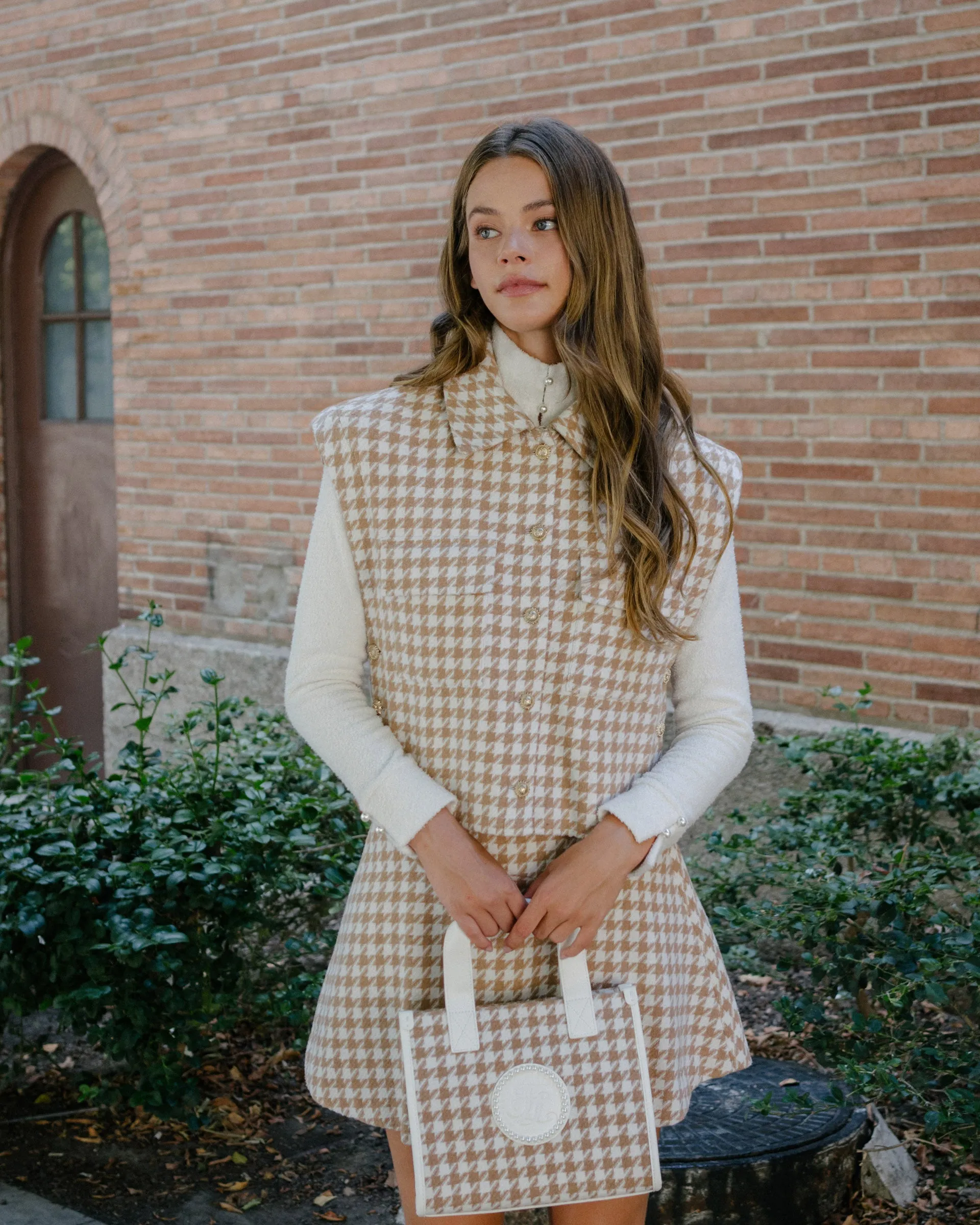 Houndstooth Square Tote Bag - Beige