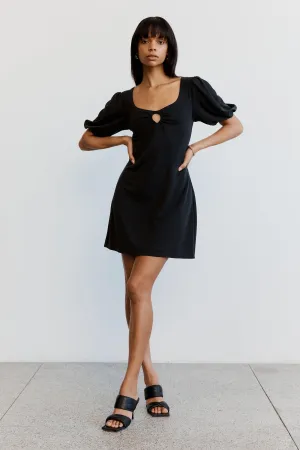 MARBLE BALLON SLEEVE MINI DRESS | WASHED BLACK