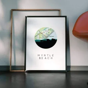 Myrtle Beach, South Carolina city skyline with vintage Myrtle Beach map