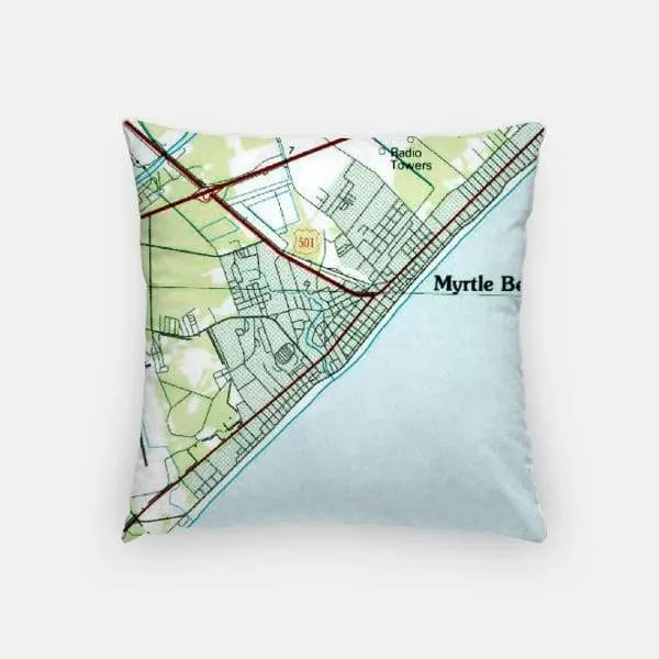 Myrtle Beach, South Carolina city skyline with vintage Myrtle Beach map