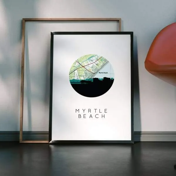 Myrtle Beach, South Carolina city skyline with vintage Myrtle Beach map