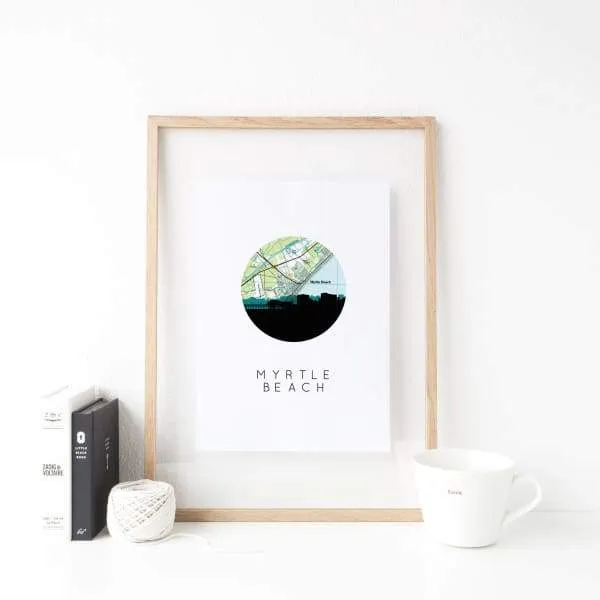Myrtle Beach, South Carolina city skyline with vintage Myrtle Beach map