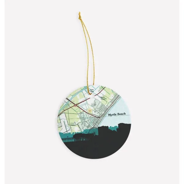 Myrtle Beach, South Carolina city skyline with vintage Myrtle Beach map