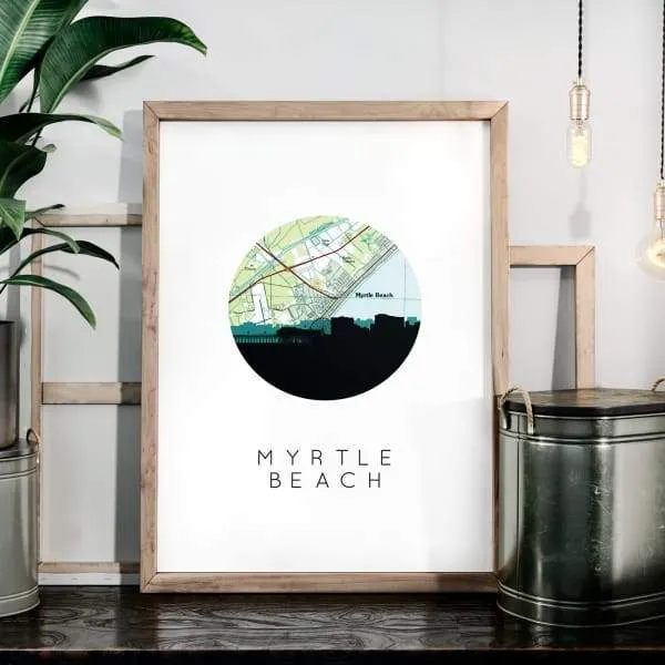 Myrtle Beach, South Carolina city skyline with vintage Myrtle Beach map