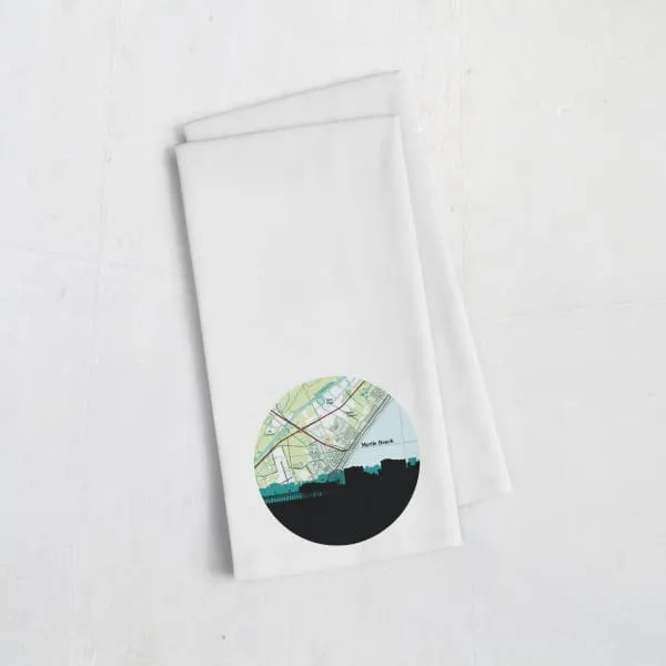 Myrtle Beach, South Carolina city skyline with vintage Myrtle Beach map