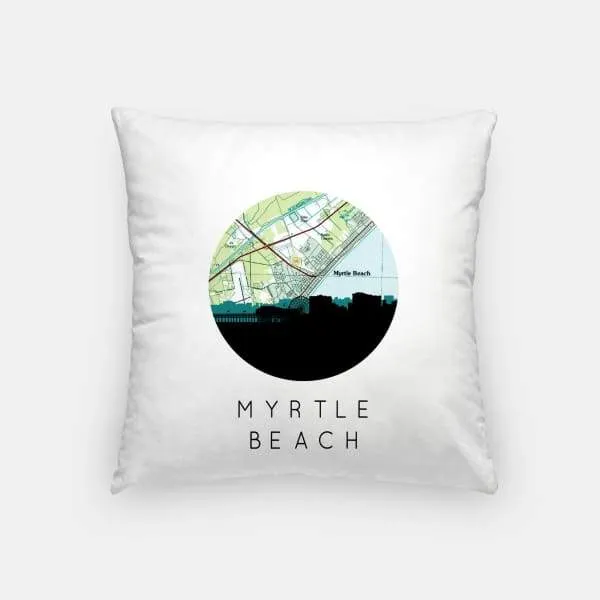 Myrtle Beach, South Carolina city skyline with vintage Myrtle Beach map
