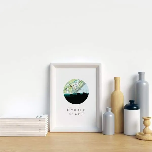 Myrtle Beach, South Carolina city skyline with vintage Myrtle Beach map