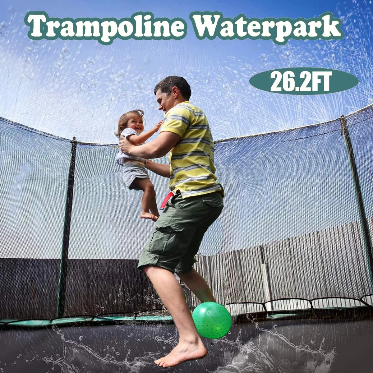 New 26.2ft Trampoline Sprinkler for Kids, Summer Fun Outdoor Water Sprinkler Trampoline Accessories, Backyard Water Park Sprinkler Multifunctional Water Spray System