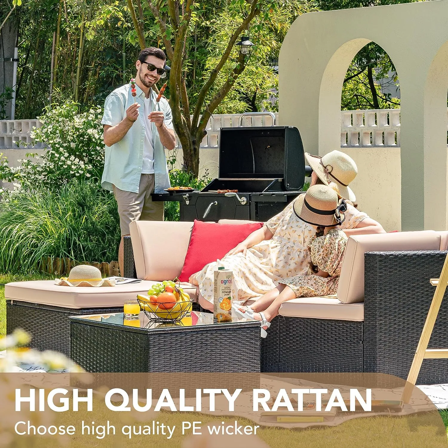 New in box! Furniwell All weather Outdoor Rattan Coffee Table with glass & Ottoman with Cushion! Retails $299 