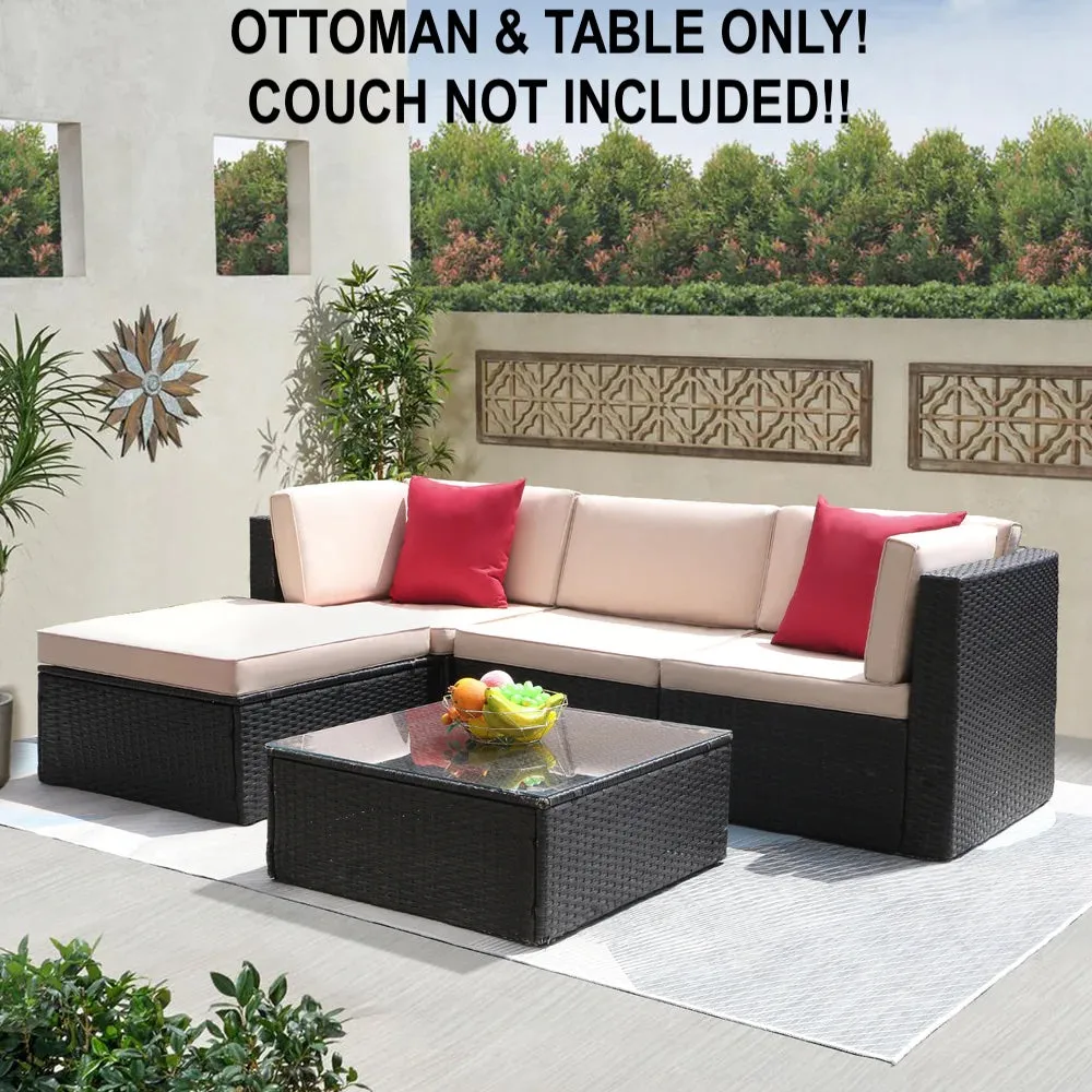 New in box! Furniwell All weather Outdoor Rattan Coffee Table with glass & Ottoman with Cushion! Retails $299 
