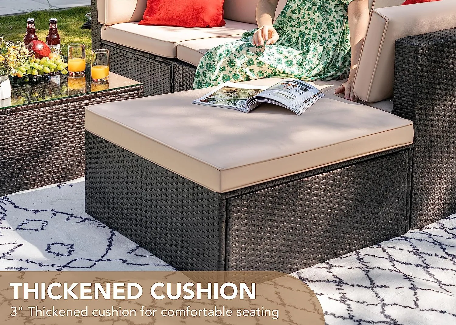 New in box! Furniwell All weather Outdoor Rattan Coffee Table with glass & Ottoman with Cushion! Retails $299 