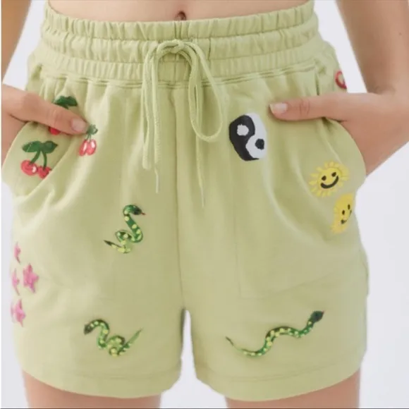 New🌟Urban Outfitters Coney Island Picnic Doodle Knit Hippie Shorts Green