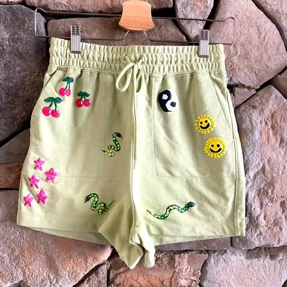 New🌟Urban Outfitters Coney Island Picnic Doodle Knit Hippie Shorts Green