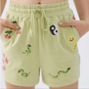 New🌟Urban Outfitters Coney Island Picnic Doodle Knit Hippie Shorts Green