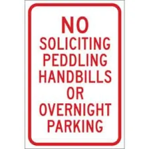 No Soliciting Peddling Handbills Or Overnight Parking Sign/ Buy Online