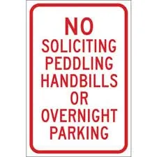 No Soliciting Peddling Handbills Or Overnight Parking Sign/ Buy Online