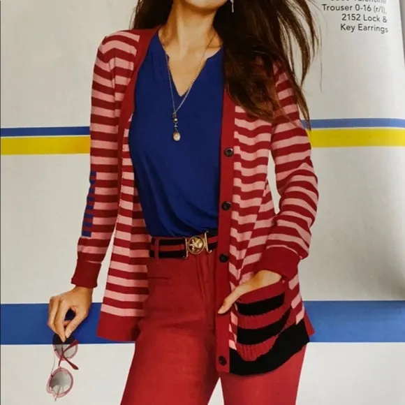 NWT CAbi 5446 Red Striped Picnic Stripe Button Down Cardigan