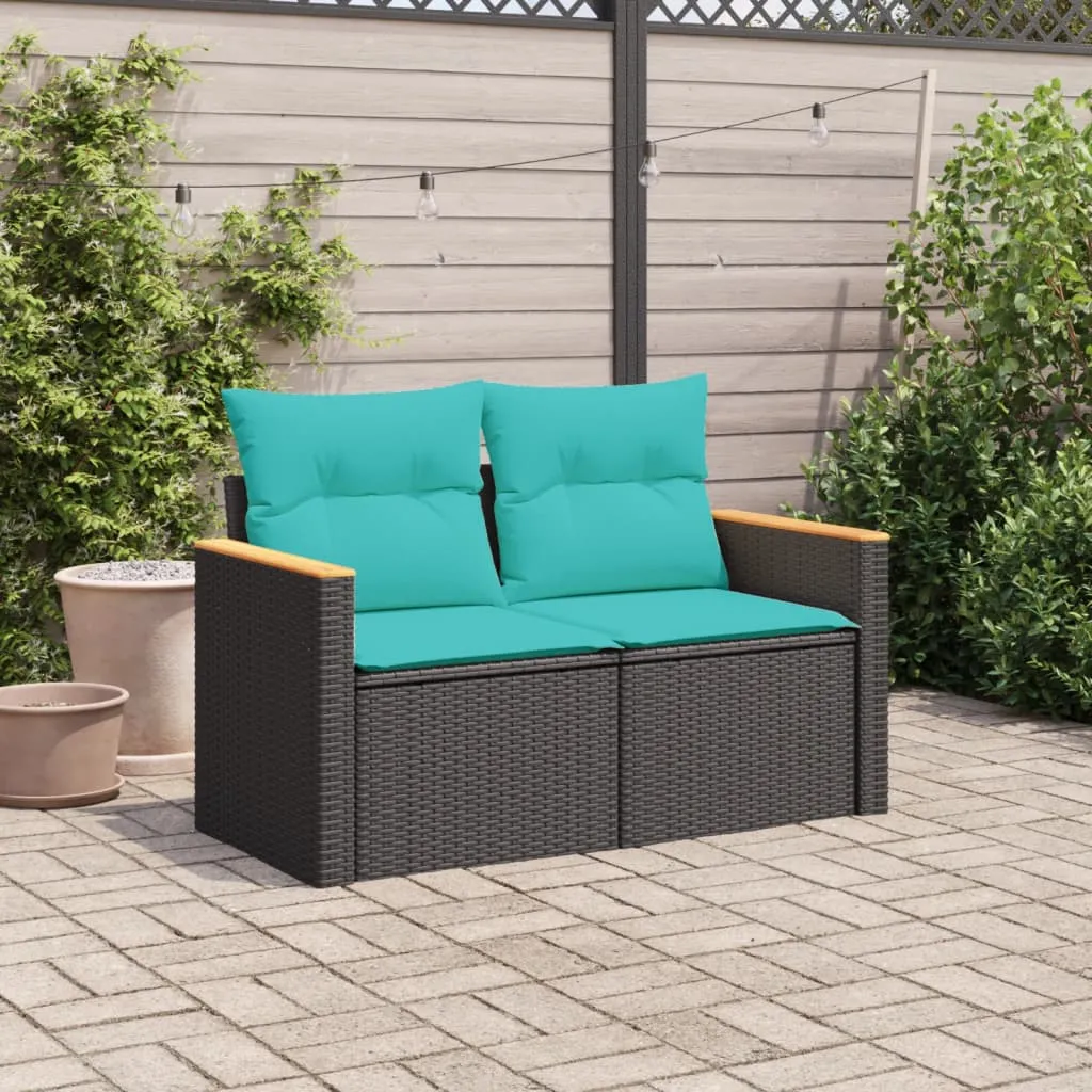 Patio Sofa with Cushions 2-Seater Black Poly Rattan