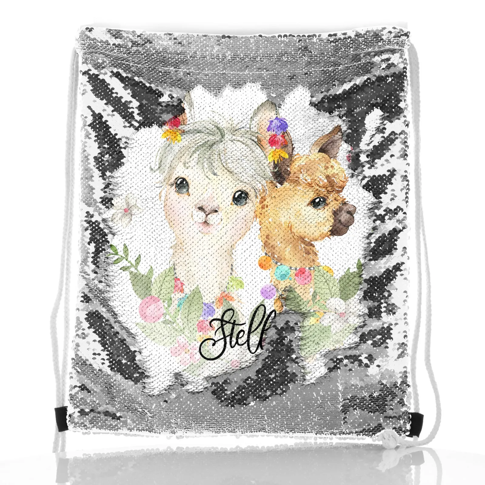 Personalised Sequin Drawstring Backpack with Alpacas Multicolour Baubles and Cute Text