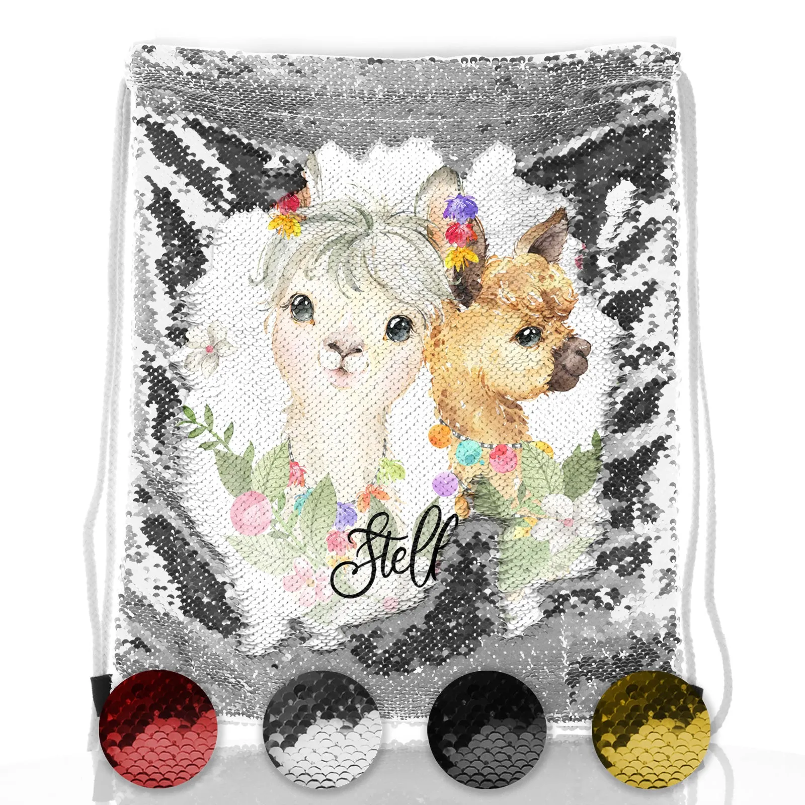 Personalised Sequin Drawstring Backpack with Alpacas Multicolour Baubles and Cute Text