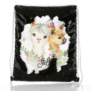 Personalised Sequin Drawstring Backpack with Alpacas Multicolour Baubles and Cute Text