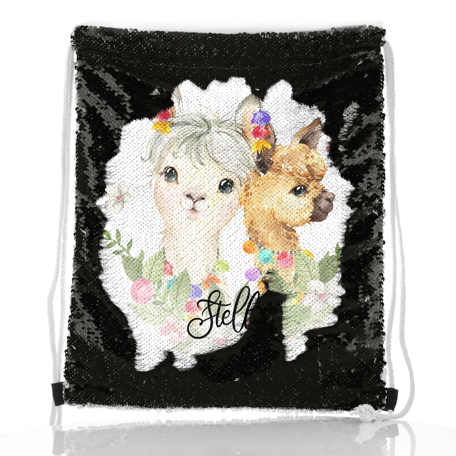 Personalised Sequin Drawstring Backpack with Alpacas Multicolour Baubles and Cute Text