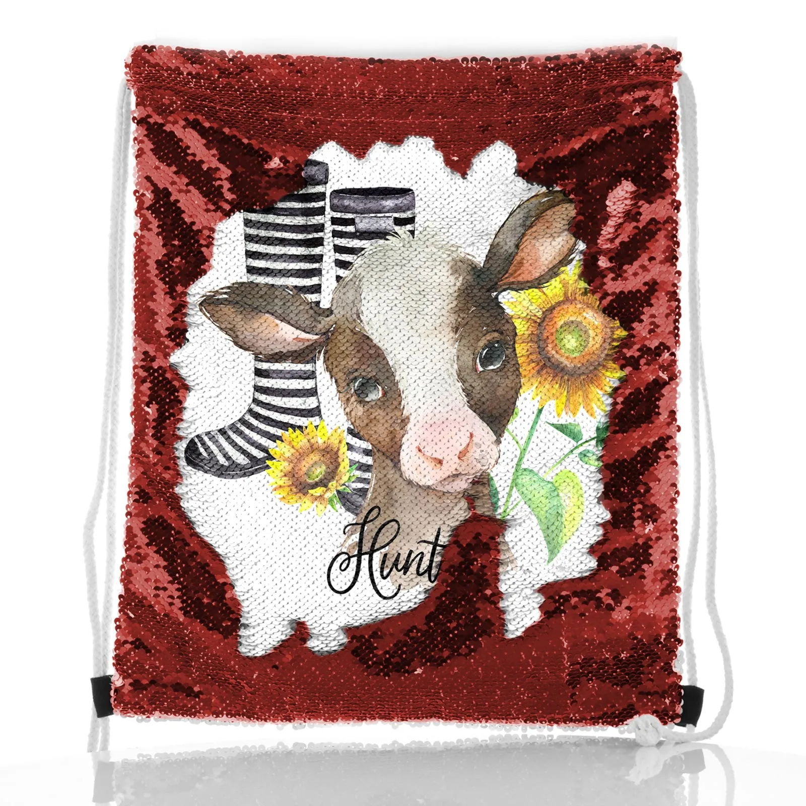 Personalised Sequin Drawstring Backpack with Brown Cow Yellow Sunflowers and Cute Text