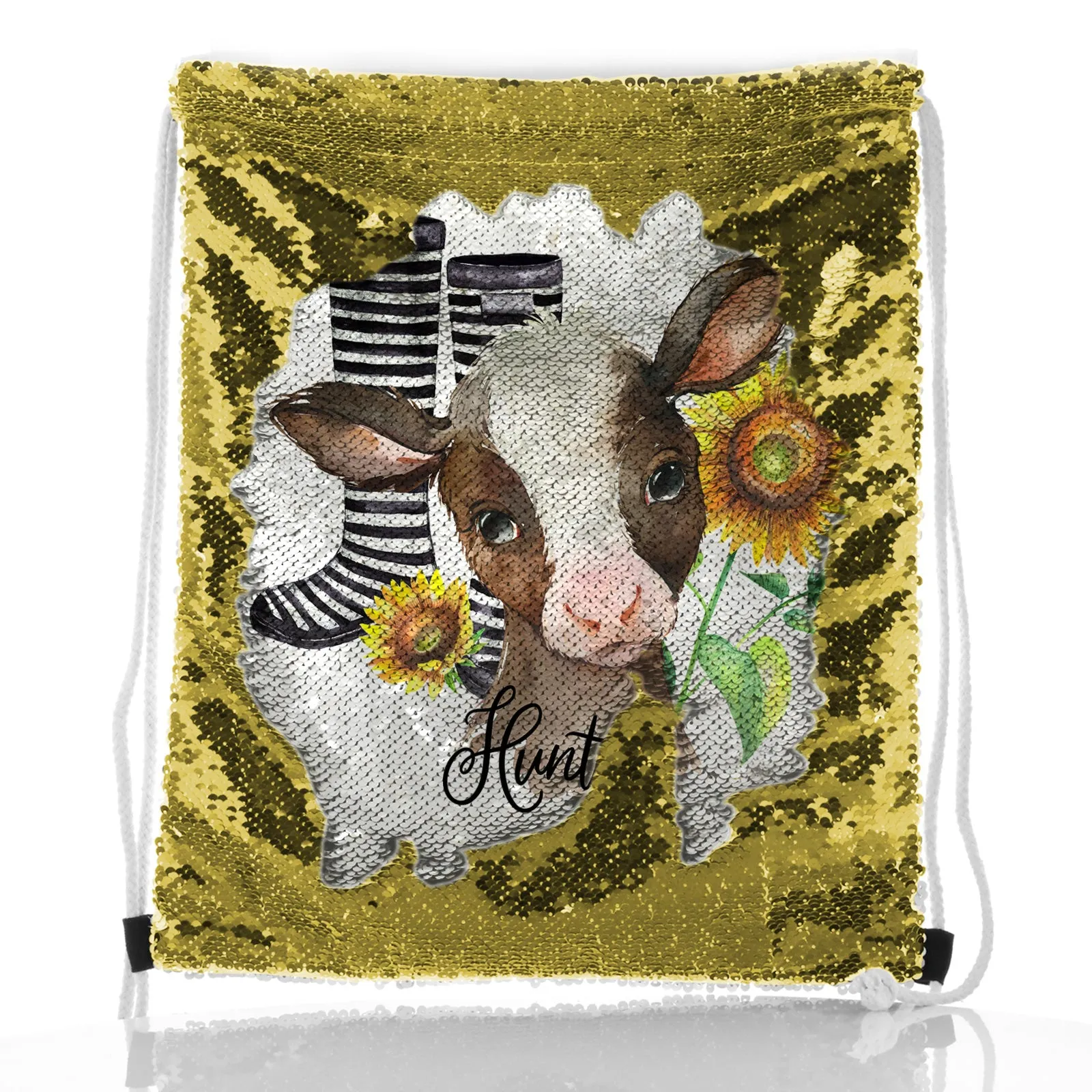Personalised Sequin Drawstring Backpack with Brown Cow Yellow Sunflowers and Cute Text