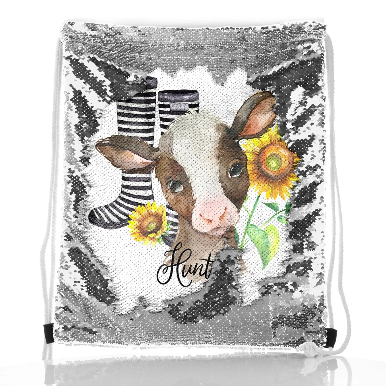 Personalised Sequin Drawstring Backpack with Brown Cow Yellow Sunflowers and Cute Text
