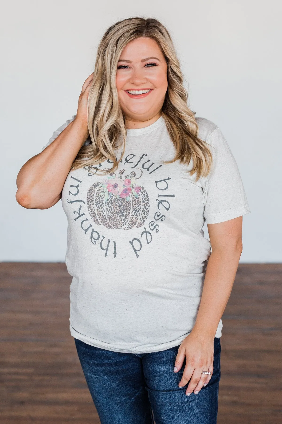 "Grateful, Blessed, Thankful" Graphic Tee- Heathered Oatmeal