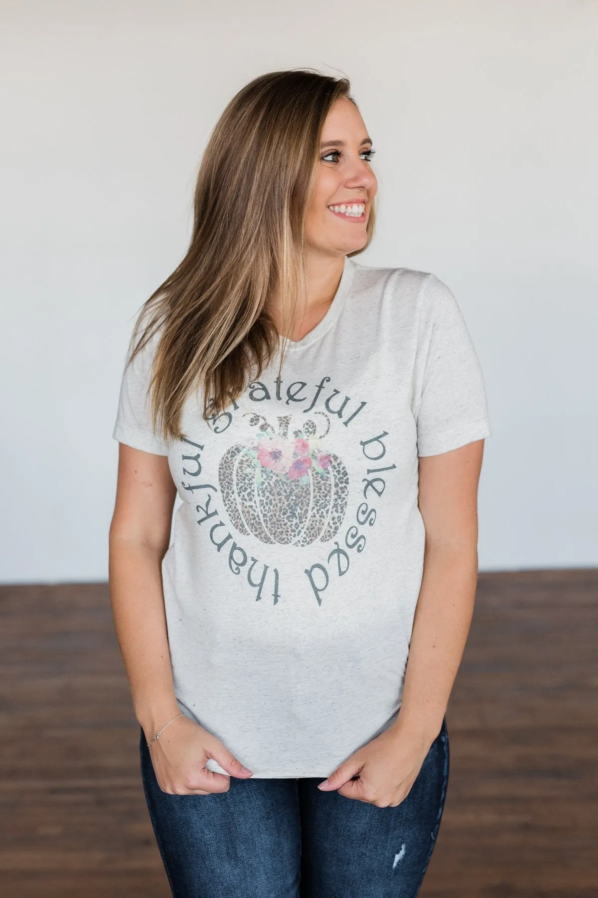 "Grateful, Blessed, Thankful" Graphic Tee- Heathered Oatmeal