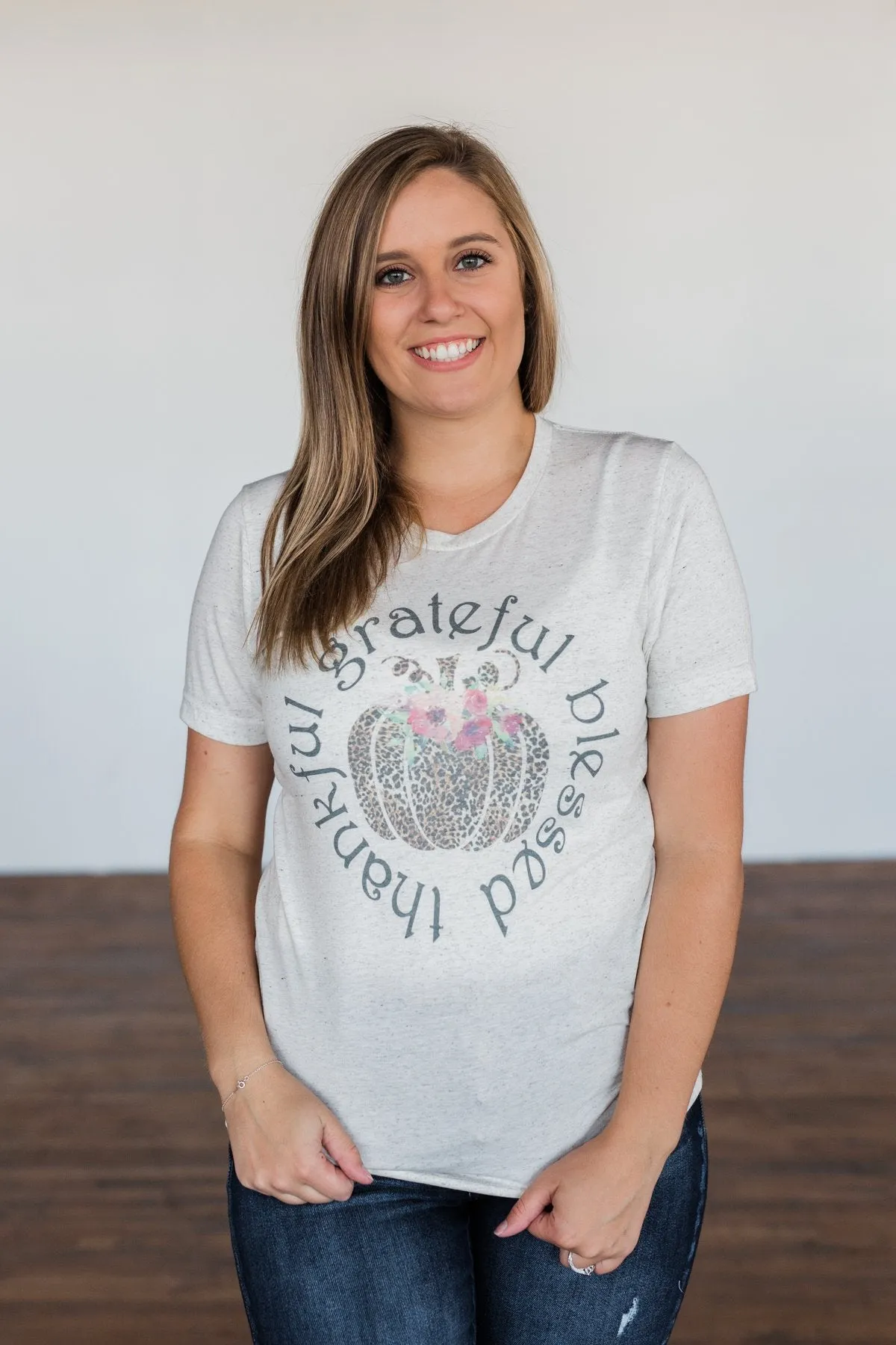 "Grateful, Blessed, Thankful" Graphic Tee- Heathered Oatmeal