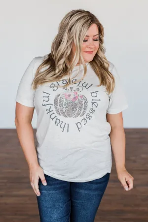 "Grateful, Blessed, Thankful" Graphic Tee- Heathered Oatmeal