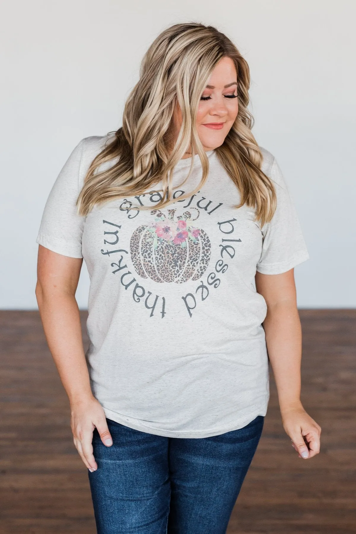 "Grateful, Blessed, Thankful" Graphic Tee- Heathered Oatmeal