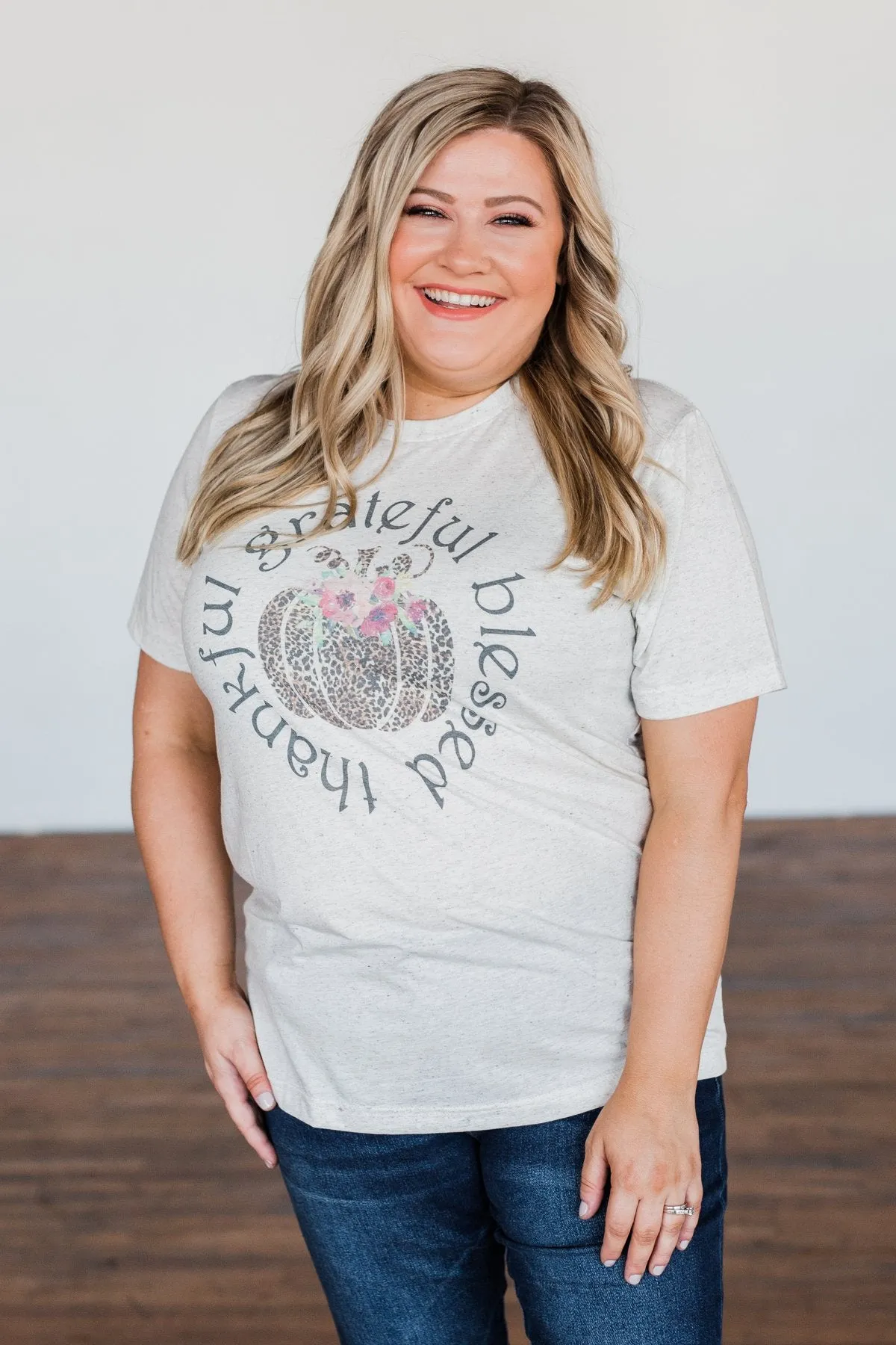 "Grateful, Blessed, Thankful" Graphic Tee- Heathered Oatmeal
