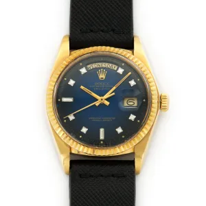 Rolex Day-Date Yellow Gold with Blue Vignette and Diamond Dial on Strap