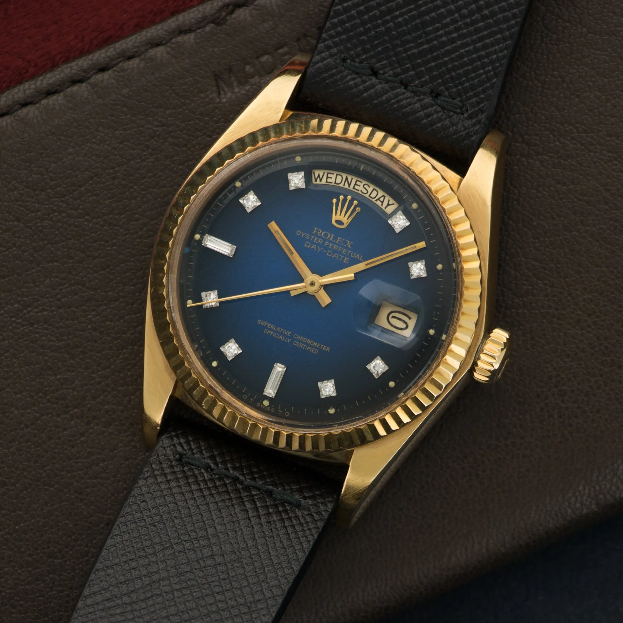 Rolex Day-Date Yellow Gold with Blue Vignette and Diamond Dial on Strap