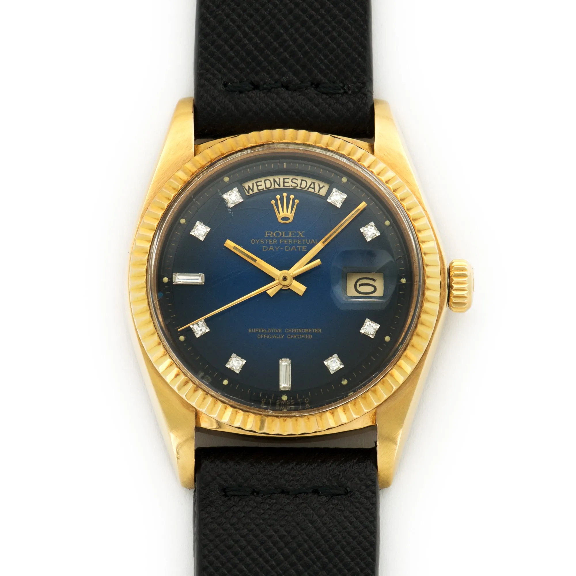 Rolex Day-Date Yellow Gold with Blue Vignette and Diamond Dial on Strap