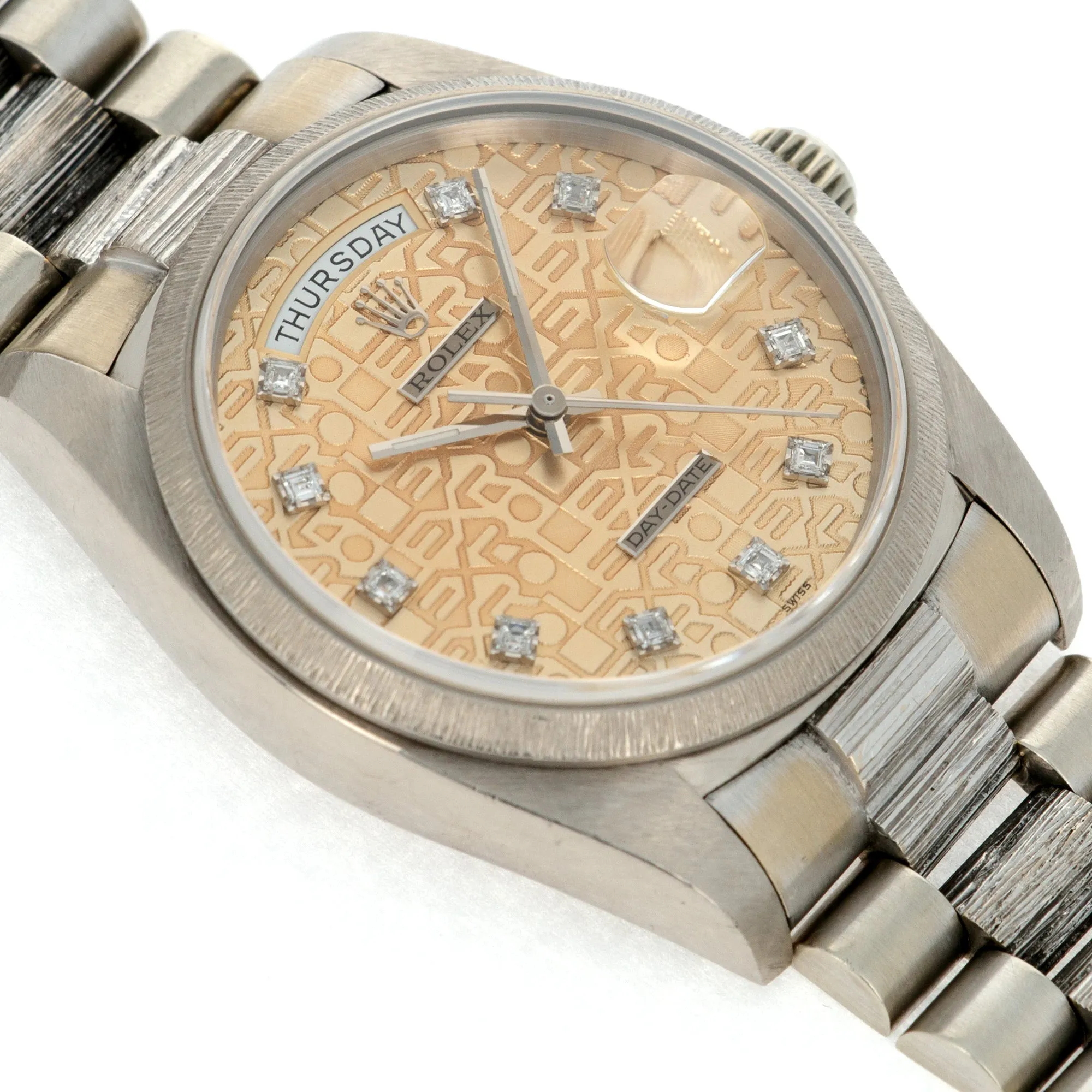 Rolex White Gold Day-Date Bark Watch Ref. 18079 with Salmon Jubilee Dial