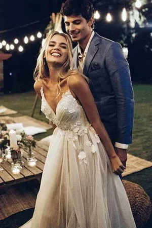 Roycebridal V-neck Beach Backless Spaghetti Strap Summer Wedding Dresses,MW272
