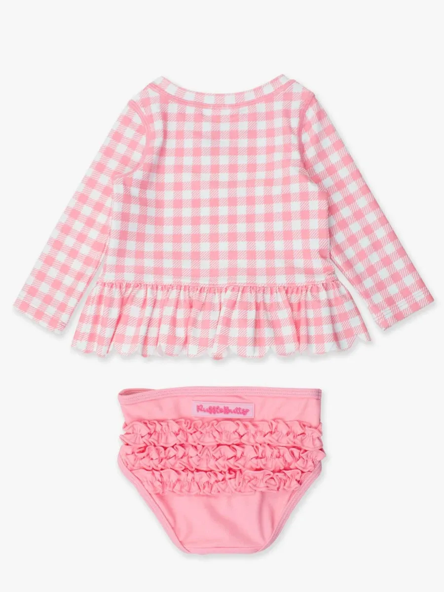 SCALLOPED LONG SLEEVE RASH GUARD 2-PIECE - BUBBLEGUM PINK GINGHAM