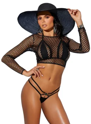 Sexy Fishnet Long Sleeve Beach Cover Up Top