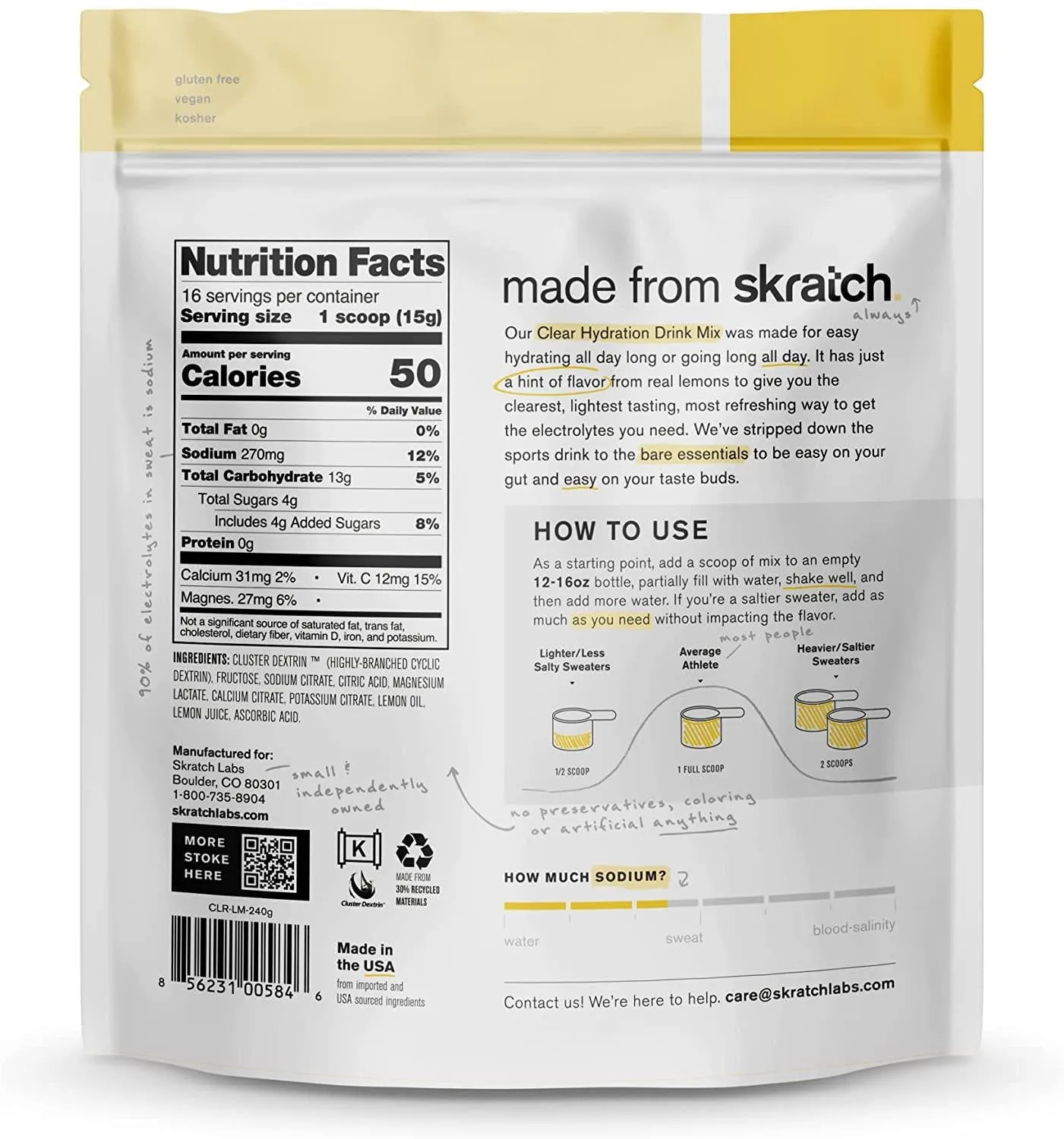 Skratch Labs Clear Hydration Drink Mix, Lemon (8.5 oz, 16 Servings) - Unflavored Electrolyte powder for Exercise, Endurance and Performance- Essential Electrolytes for Energy and Rapid Recovery- Non-GMO