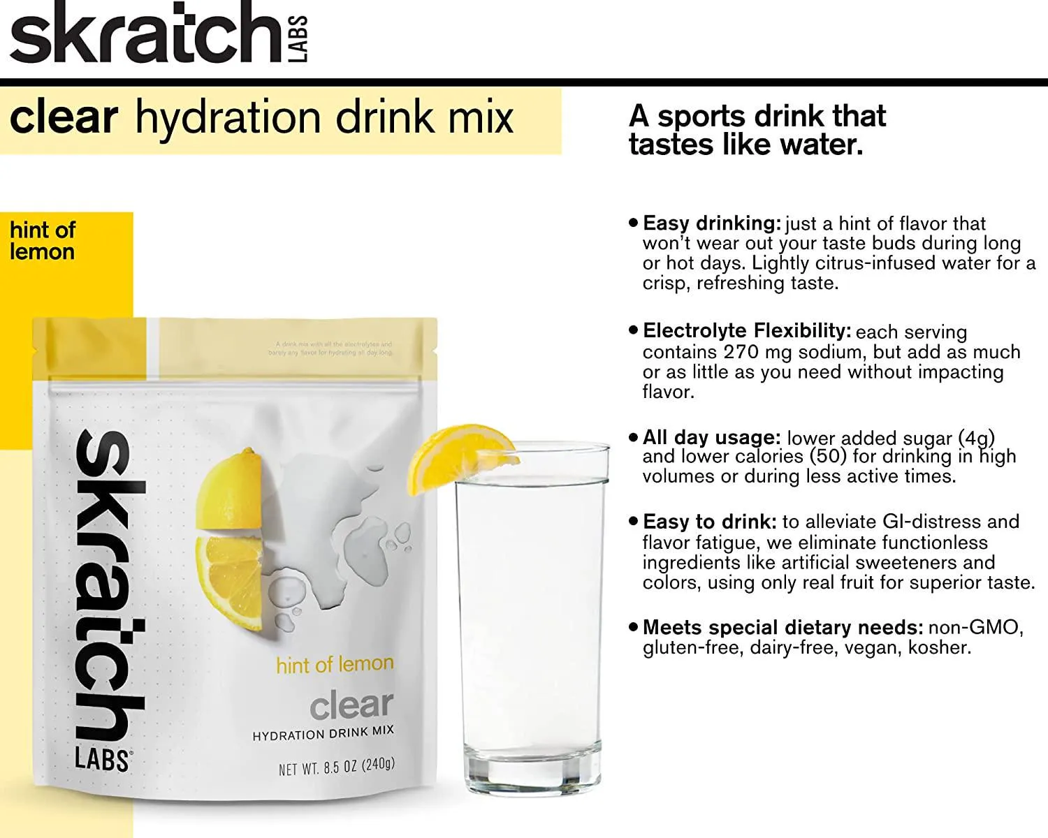 Skratch Labs Clear Hydration Drink Mix, Lemon (8.5 oz, 16 Servings) - Unflavored Electrolyte powder for Exercise, Endurance and Performance- Essential Electrolytes for Energy and Rapid Recovery- Non-GMO