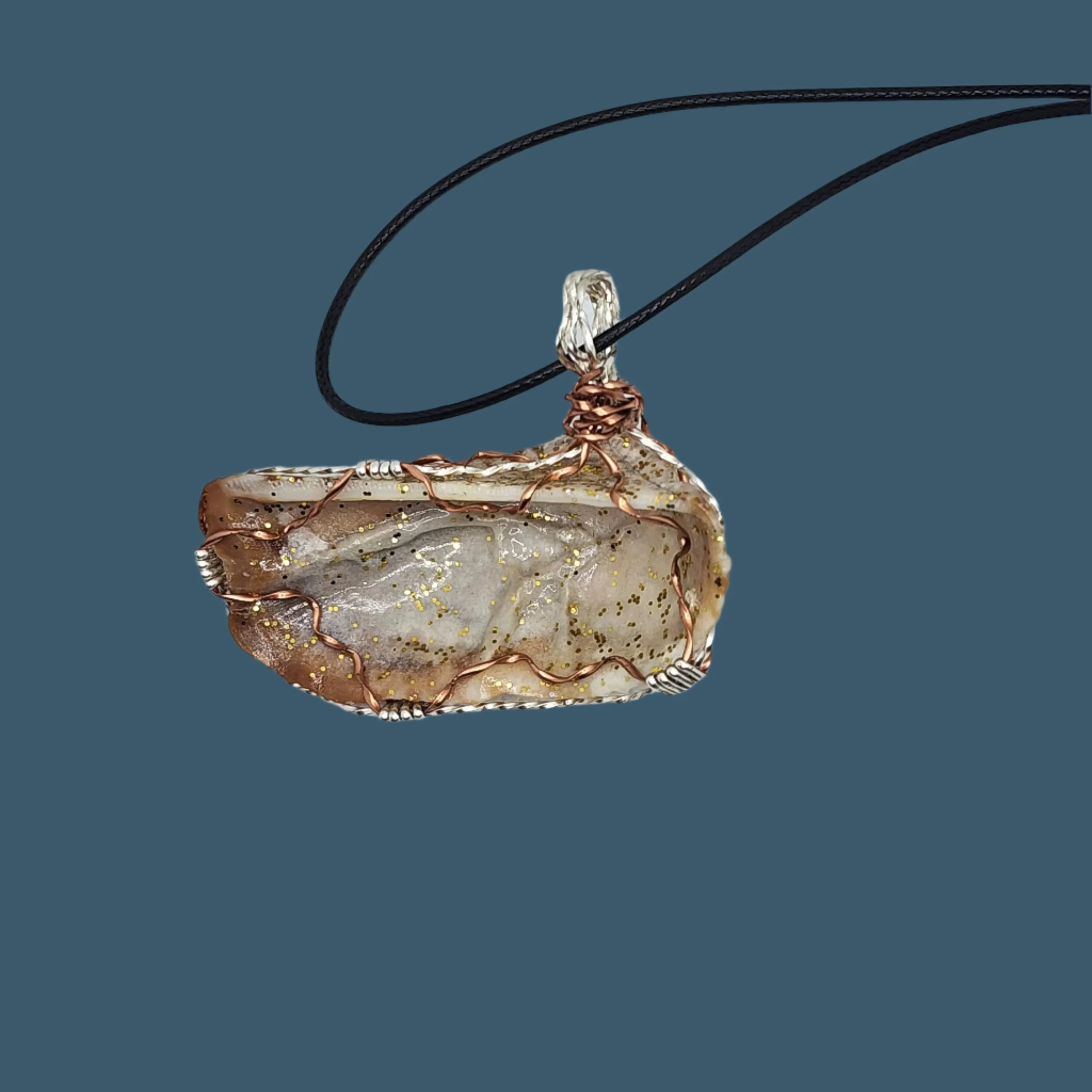 Sparkling Angel Wing Pendant with Copper and Silver Wire Wrap – Handmade Beach Jewelry
