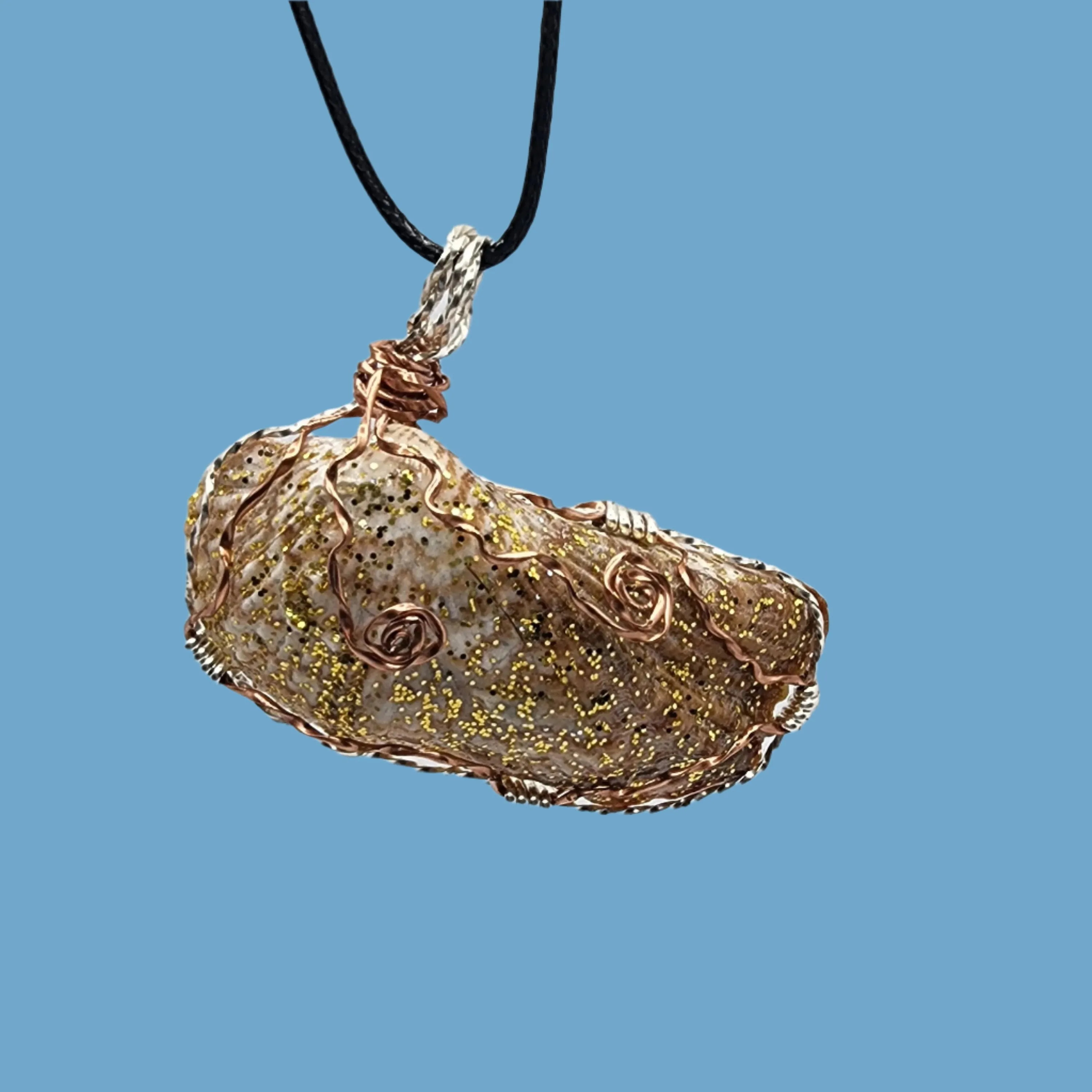 Sparkling Angel Wing Pendant with Copper and Silver Wire Wrap – Handmade Beach Jewelry