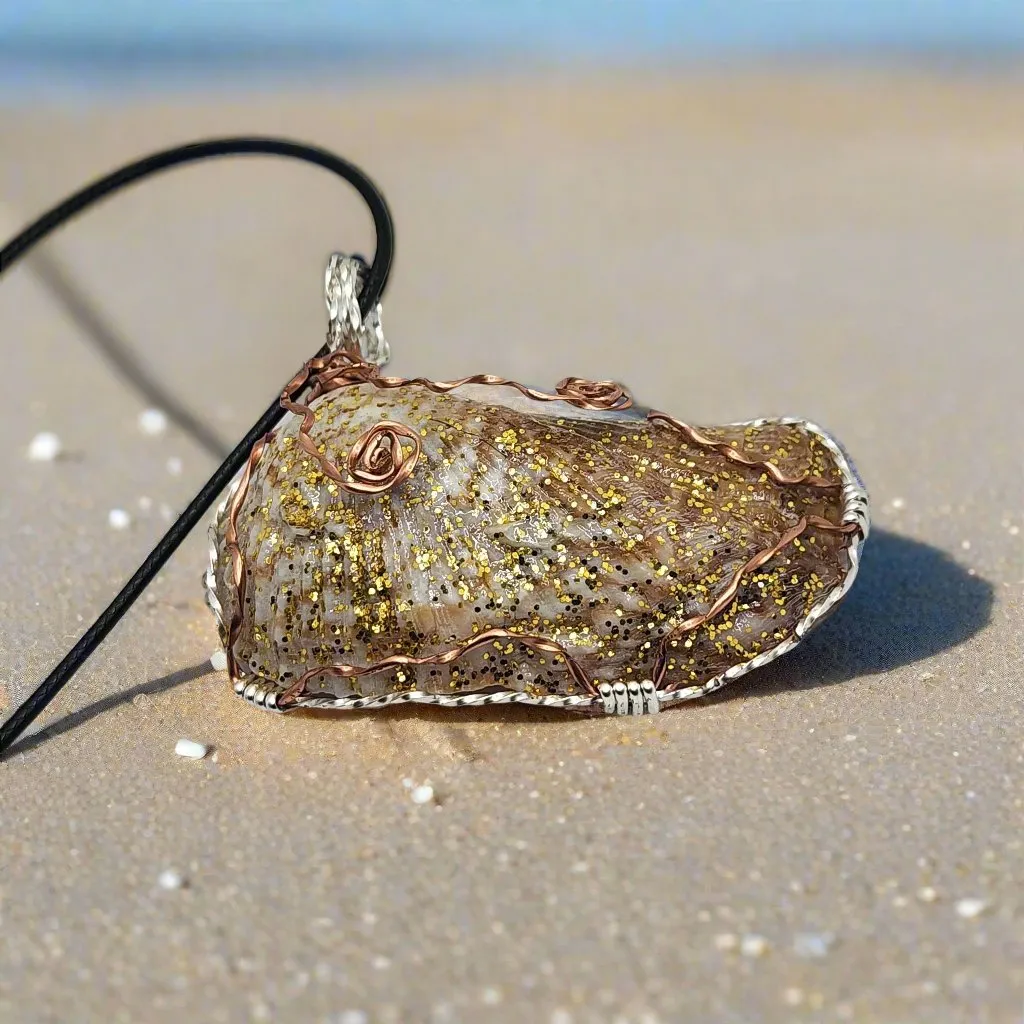 Sparkling Angel Wing Pendant with Copper and Silver Wire Wrap – Handmade Beach Jewelry