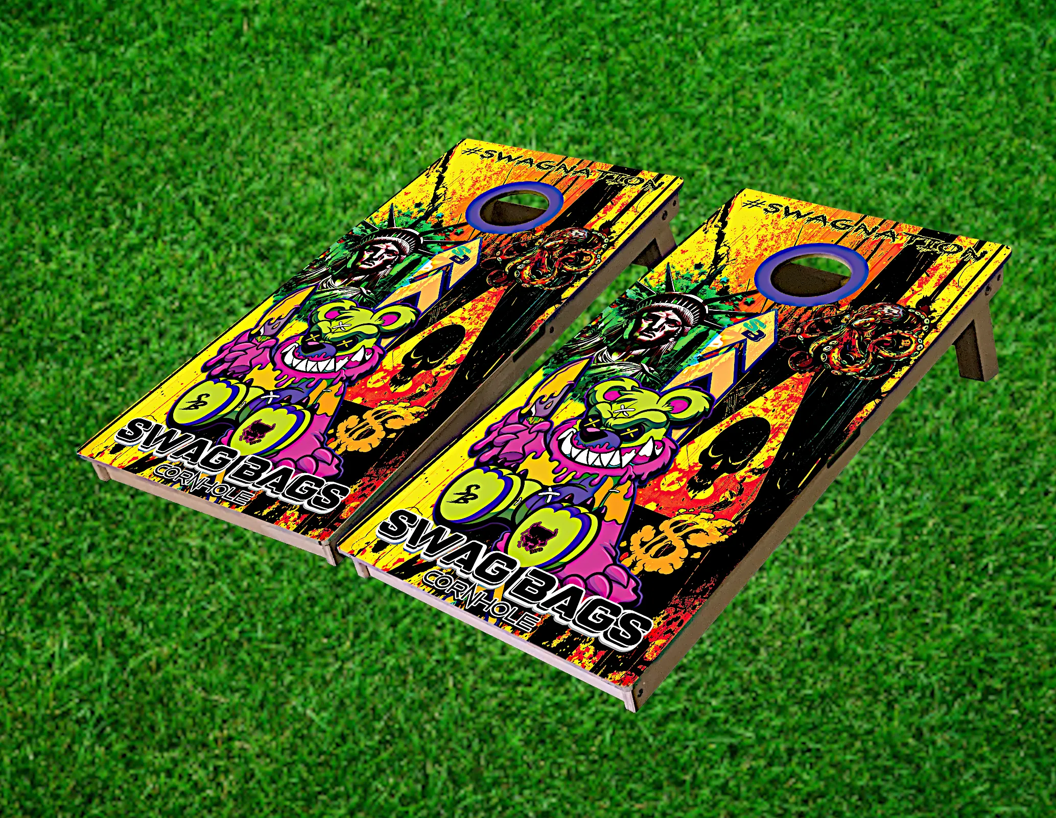 Swag Bags Cornhole Boards (Hazard Ahead)