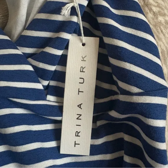 Trina Turk Kearney V-Neck Blue White Striped Casual Beach Sun Dress Size 4 NWT