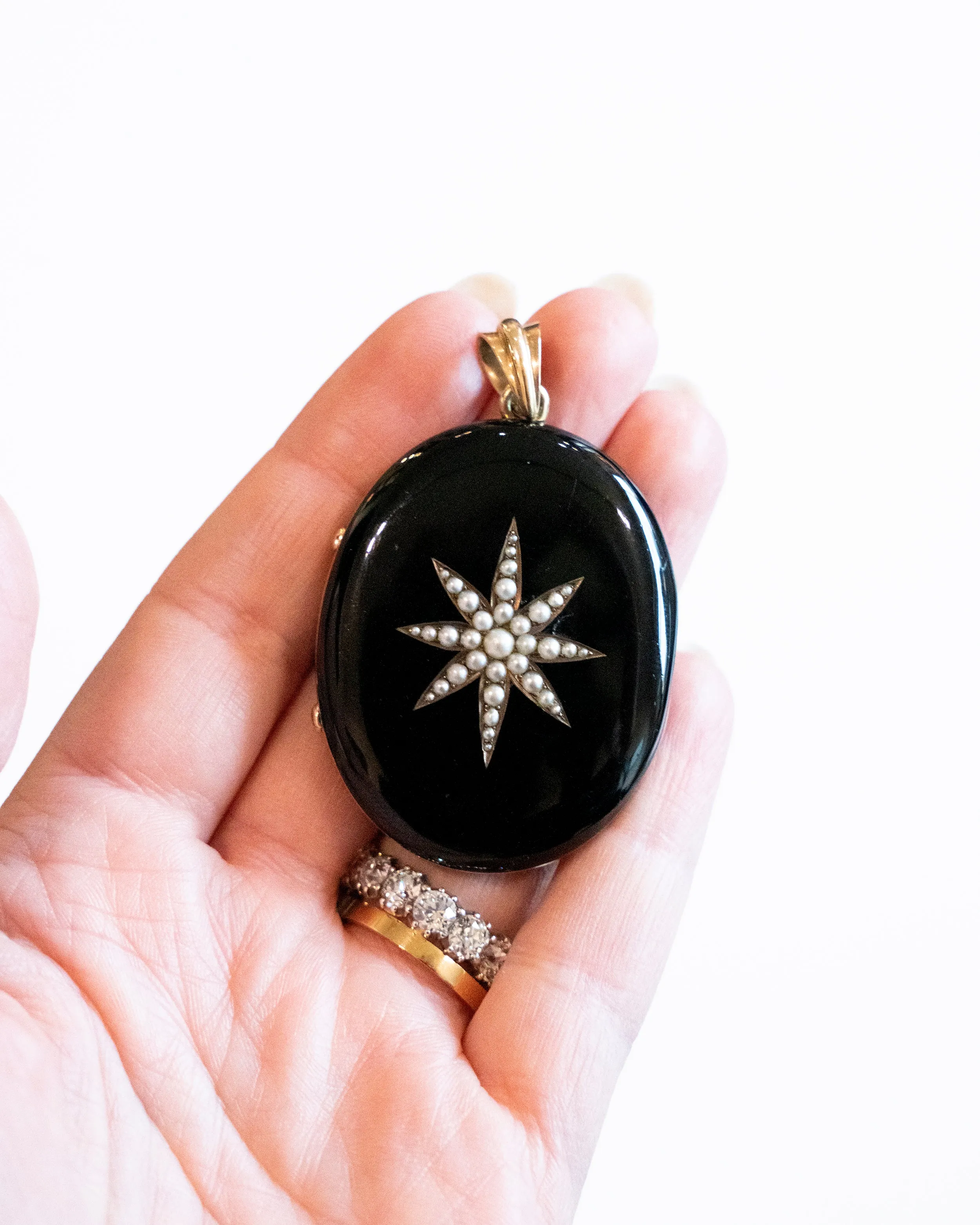 Victorian Era Black Enamel and Pearl Starburst Locket